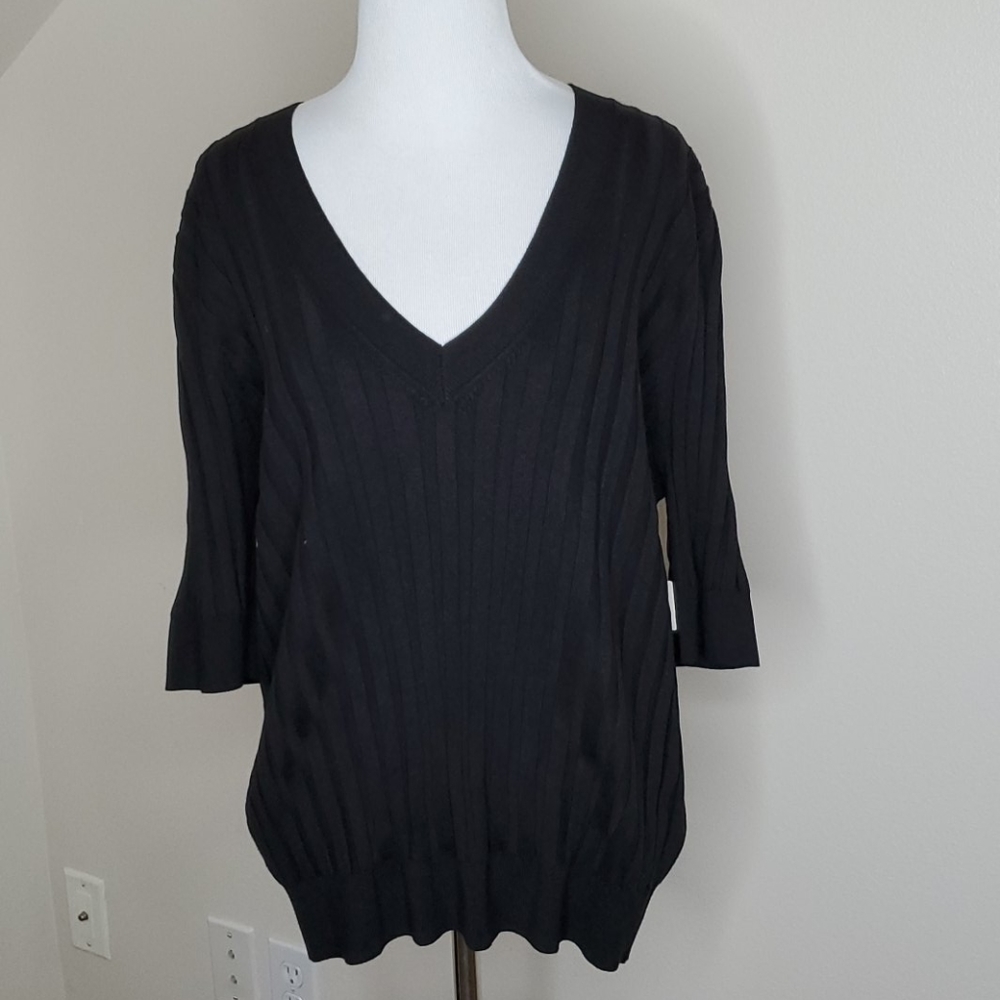 Anthroplogie Black Ribbed V Neck Sweater XL